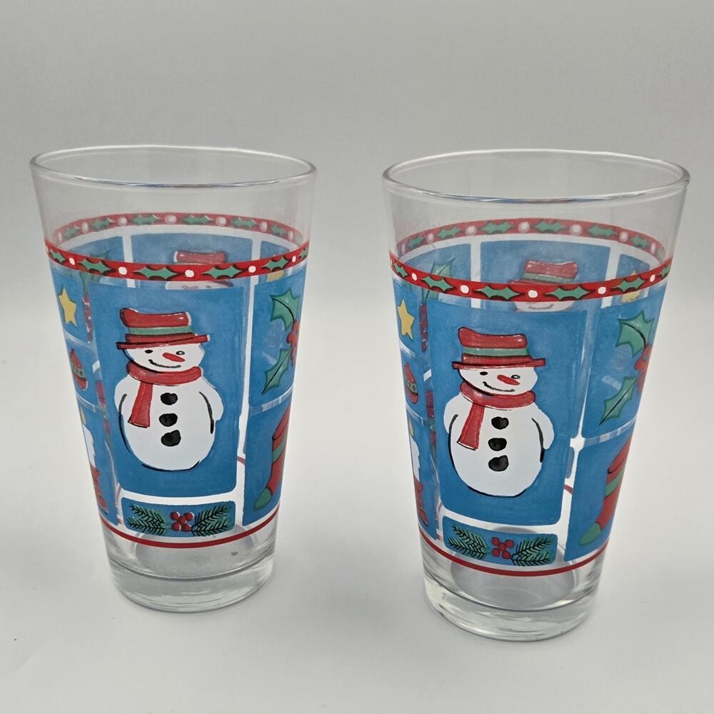 Two Libbey Holiday Stamp Snowman Holiday Tumblers